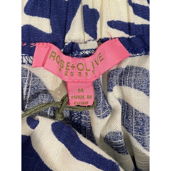 Rose + Olive Womens Elastic Waist Blue & White Tropical Print Wide-Leg Pants SzM - Picture 15 of 15